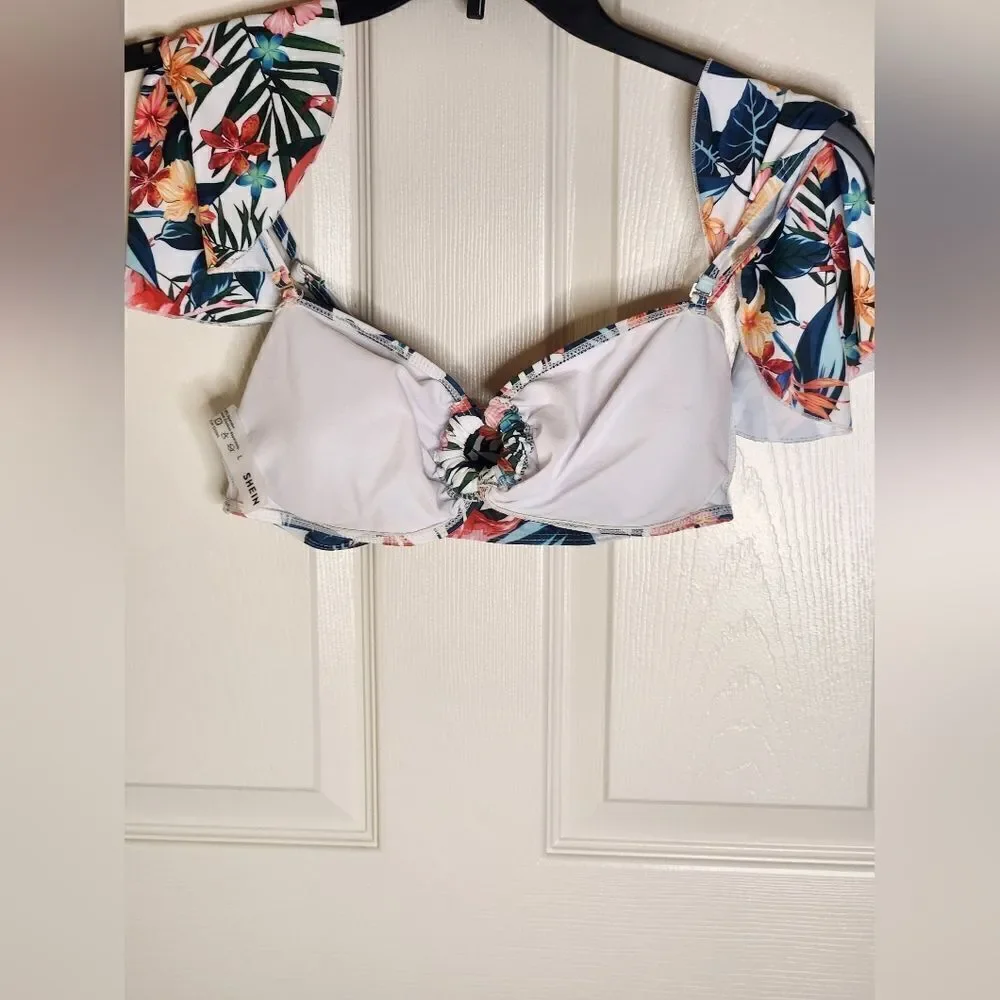 Shein L White Floral Print Top Women's Bikini  Swimsuit